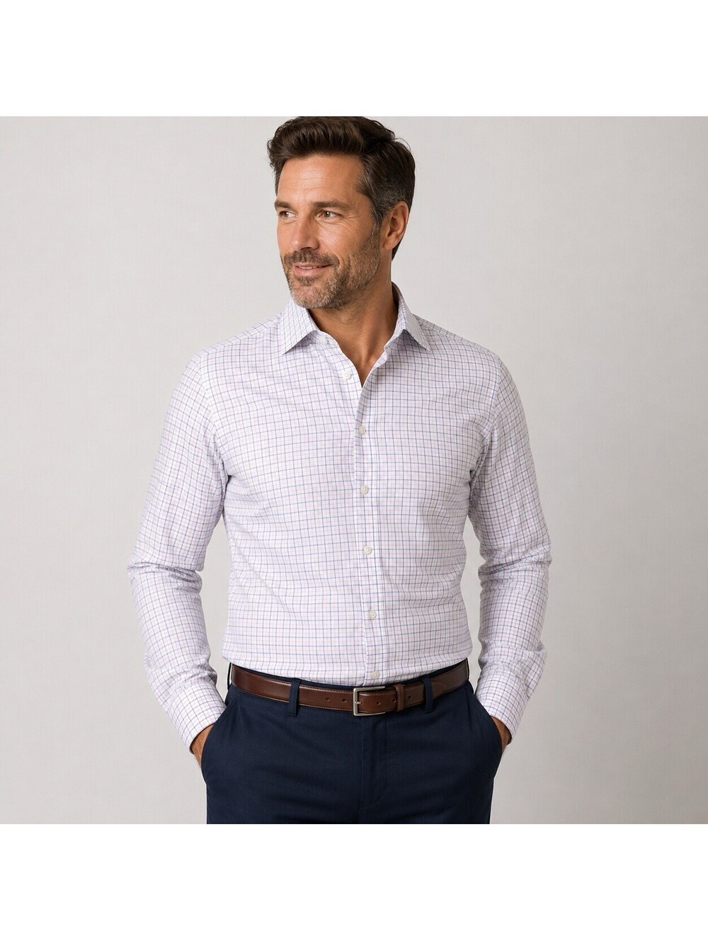 Twillory Performance Dress Shirt 17 36/37 White Blue Pink Windowpane Check